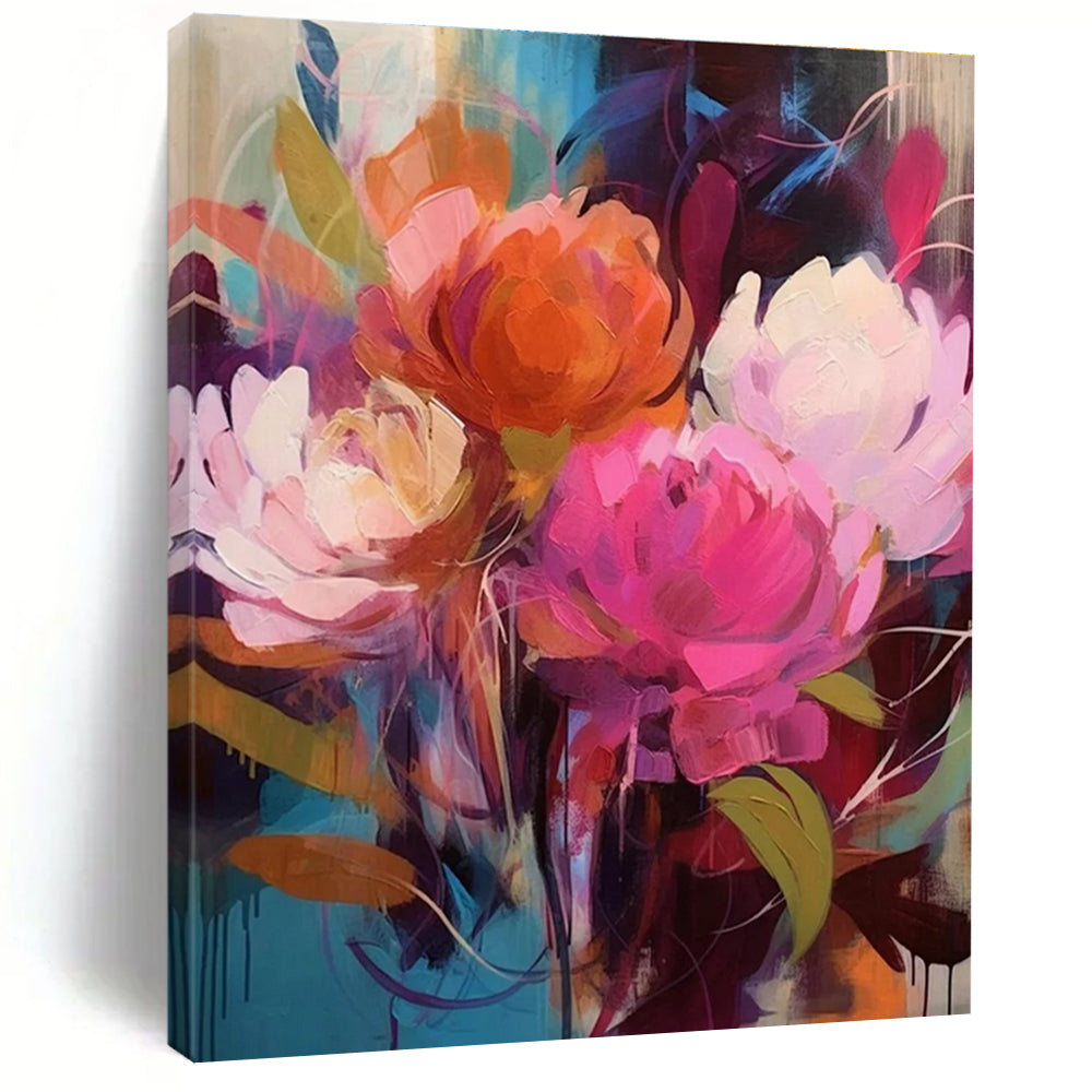 Vibrant Floral Abstract Painting with Bold Pink and Orange ADGE427
