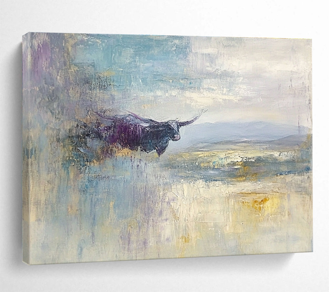 Large abstract painting depicting a flying cow over the English Lake District with a vast sky in shades of blue grey lavender cream and pale yellow.SC485