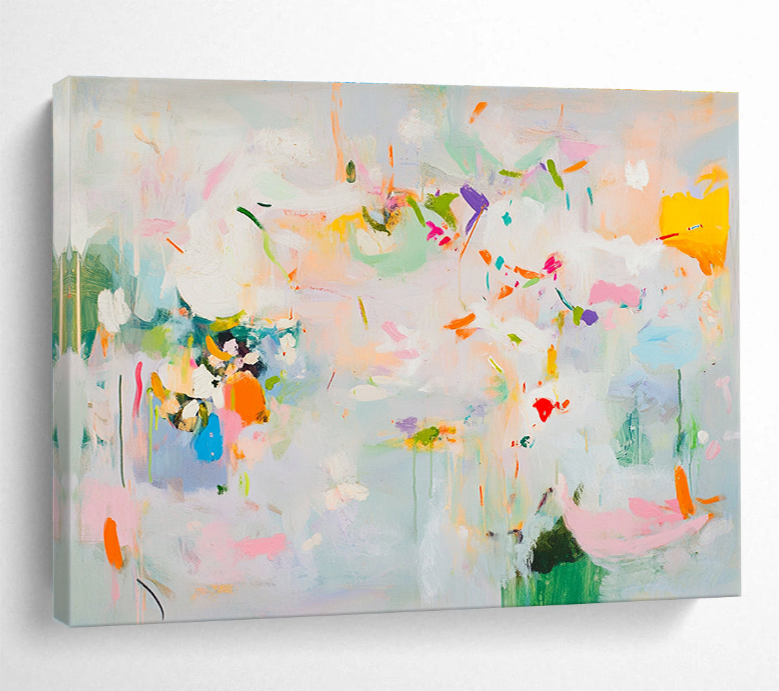 Large abstract painting in soft pastels featuring spring themes with flowers leaves trees and vibrant splashes of color creating a lively atmosphere.SC384