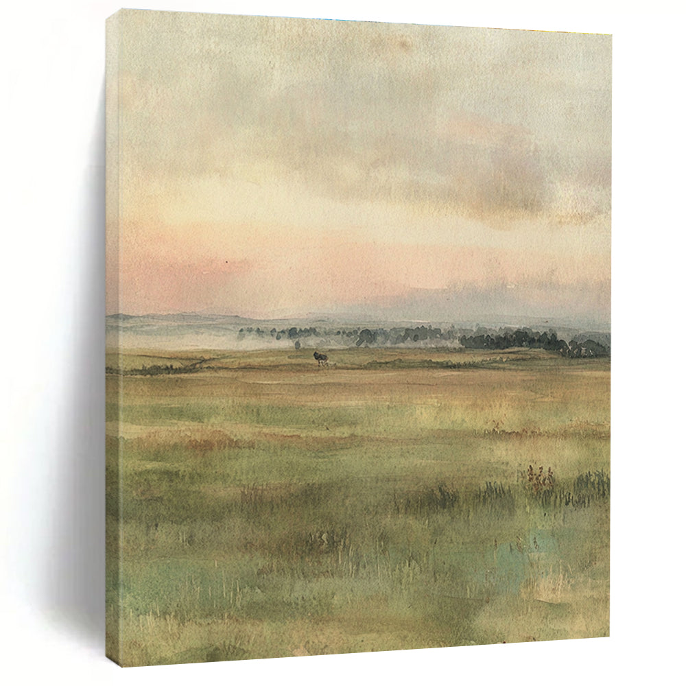 A large abstract painting featuring muted colors of an open field with gentle brushstrokes and two hares in the foreground.STSC1229