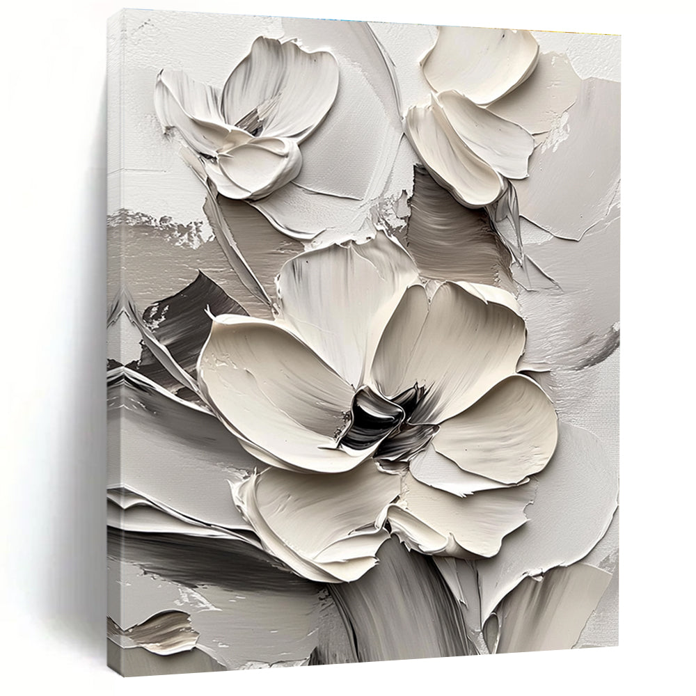Large abstract painting of white flowers in thick impasto style on a white background, creating a striking monochromatic effect.STSC513