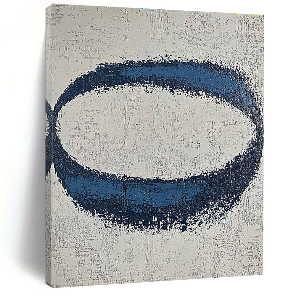 Blue Oval on Textured White Abstract Painting with Rough Edges GER024
