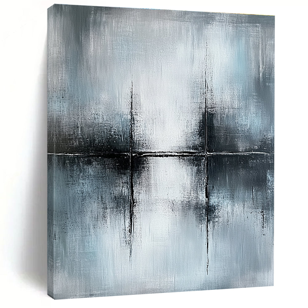 Large abstract painting in gray and white, featuring canvas texture and ultra-realistic oil paint details for a striking visual impact.STSC070