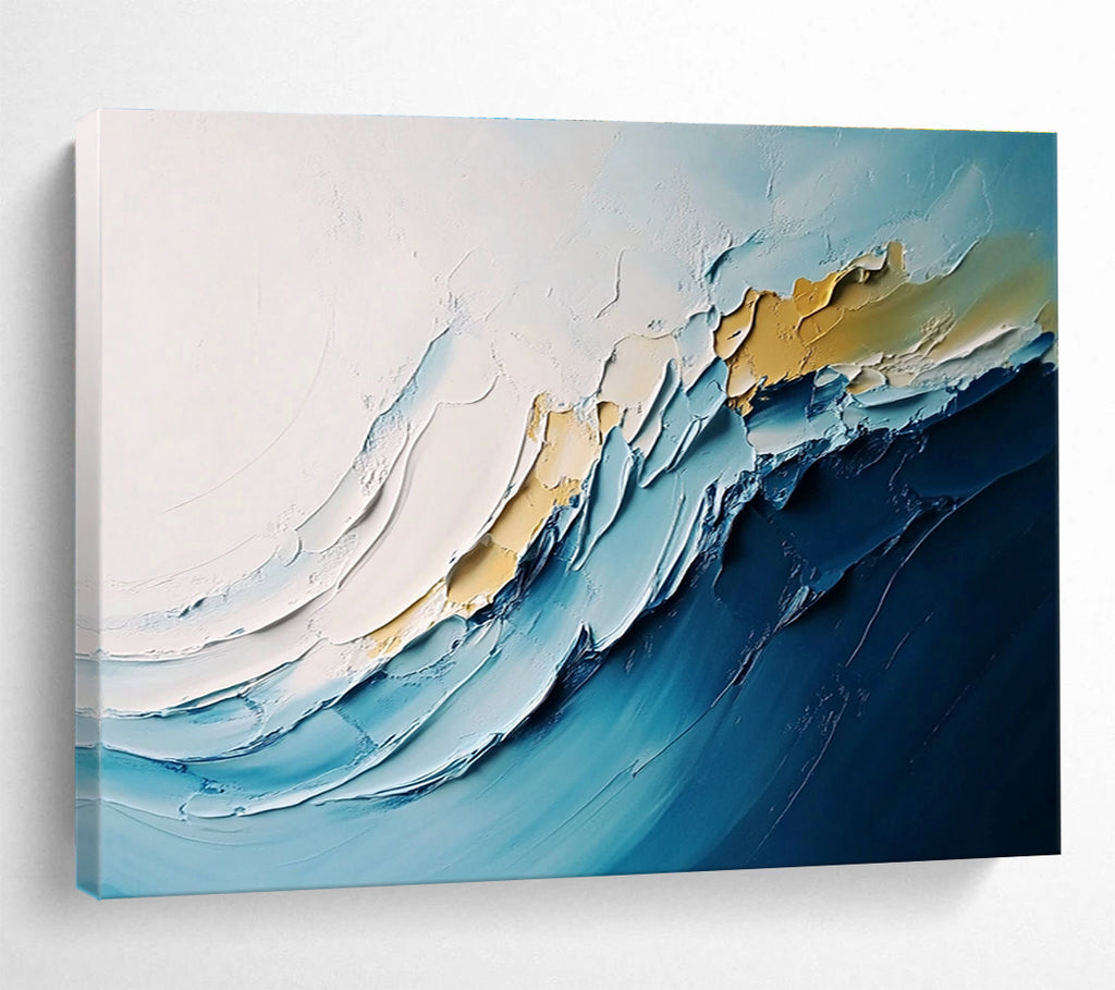 Large abstract waves painting with thick impasto layers in white and blue hues, perfect for modern decor.SC368