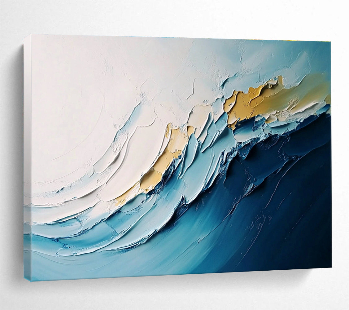 Large abstract waves painting with thick impasto layers in white and blue hues, perfect for modern decor.SC368