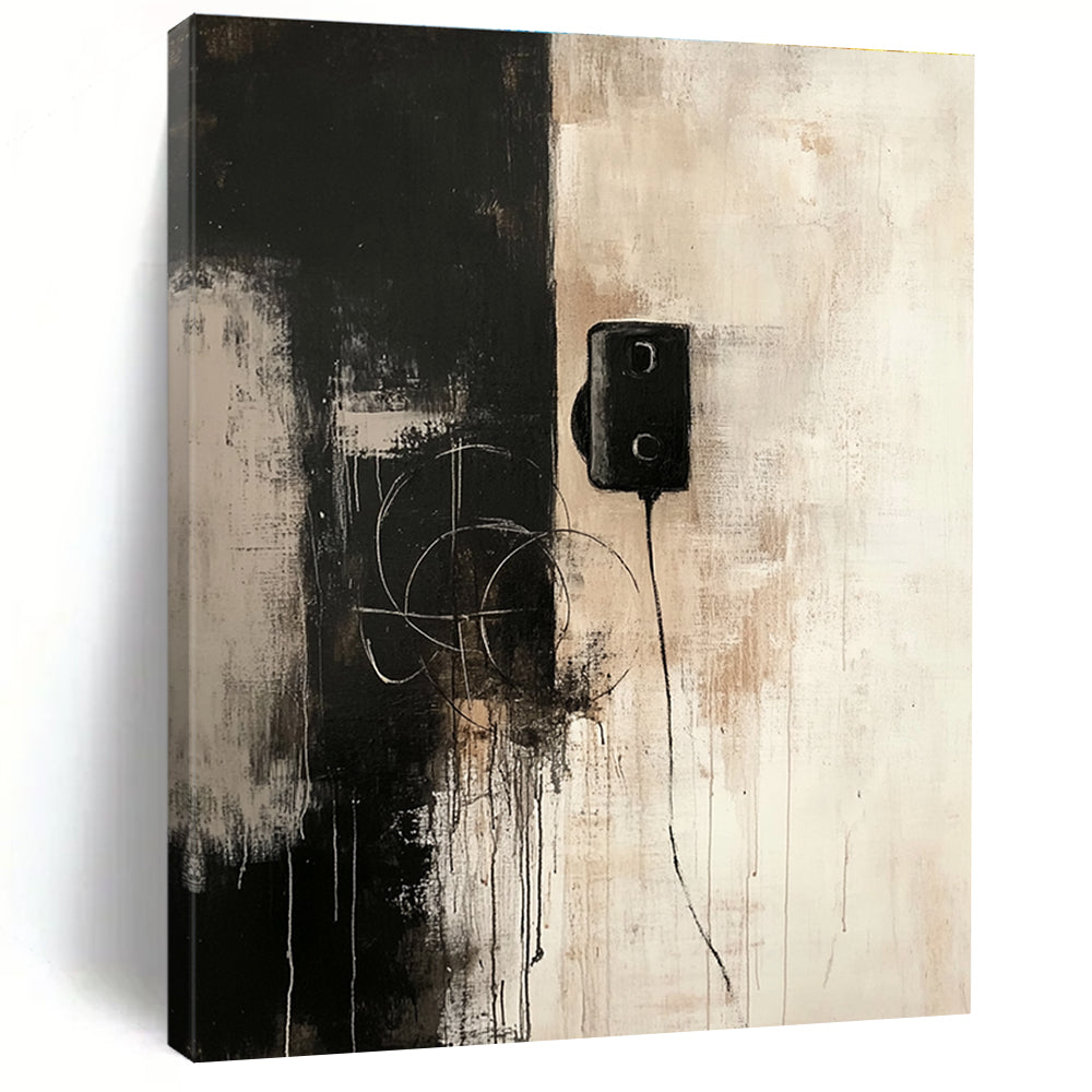 Abstract painting featuring a dark gray and beige color scheme with an old telephone and connecting wires evoking solitude and contemplation.STSC727