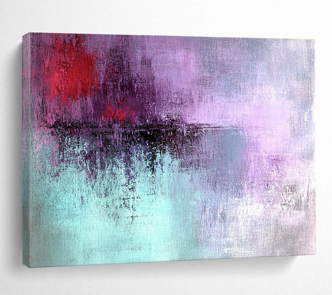 Large abstract painting with grunge texture in light purple and teal featuring dark red details for an emotional expression.SC221