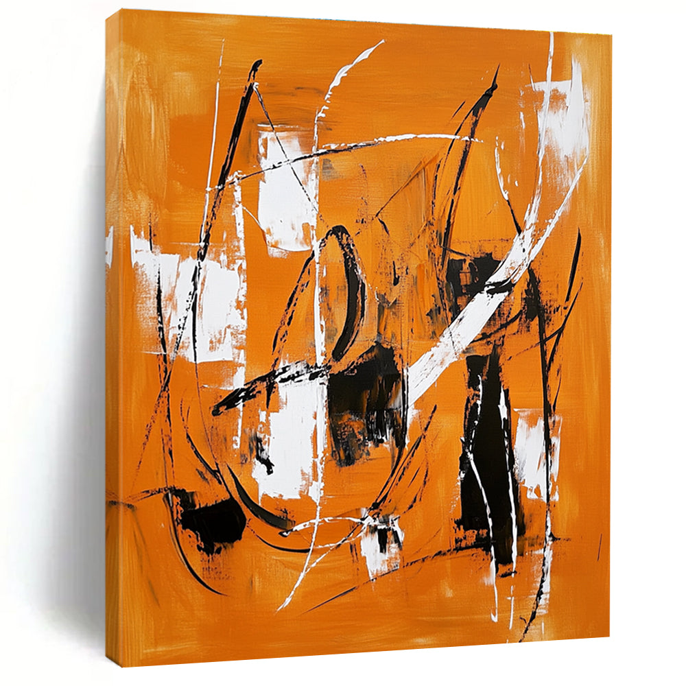 Orange and Black Abstract Painting with Energetic Line Work GER659