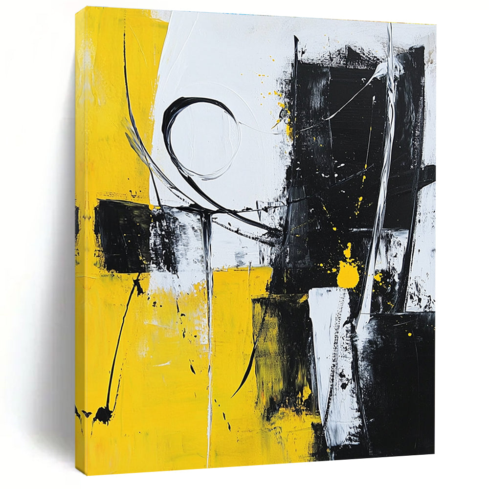 Yellow Black and White Abstract Painting with Dynamic Strokes GER511
