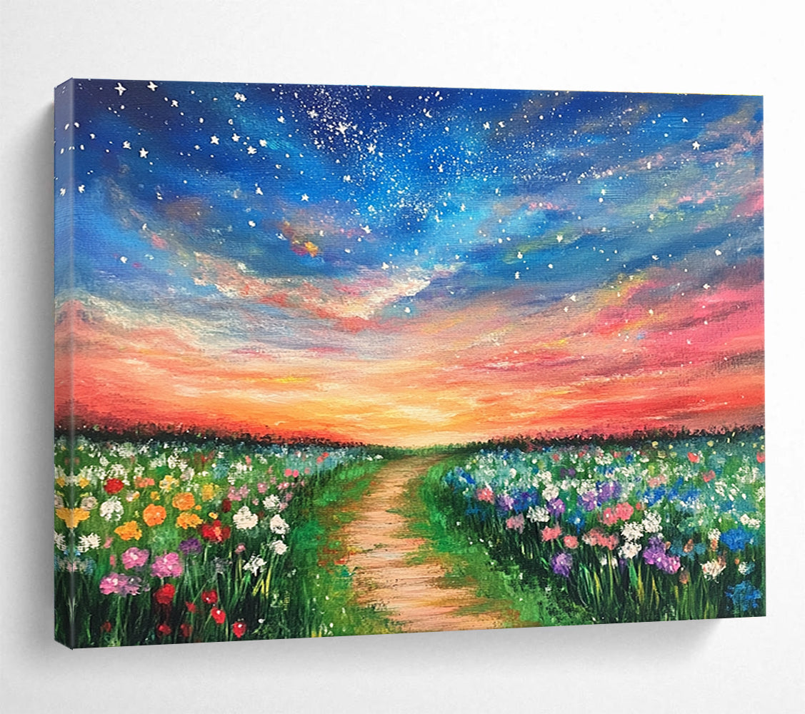 Colorful Floral Path Abstract Painting with Vibrant Sunset Hues DYP555