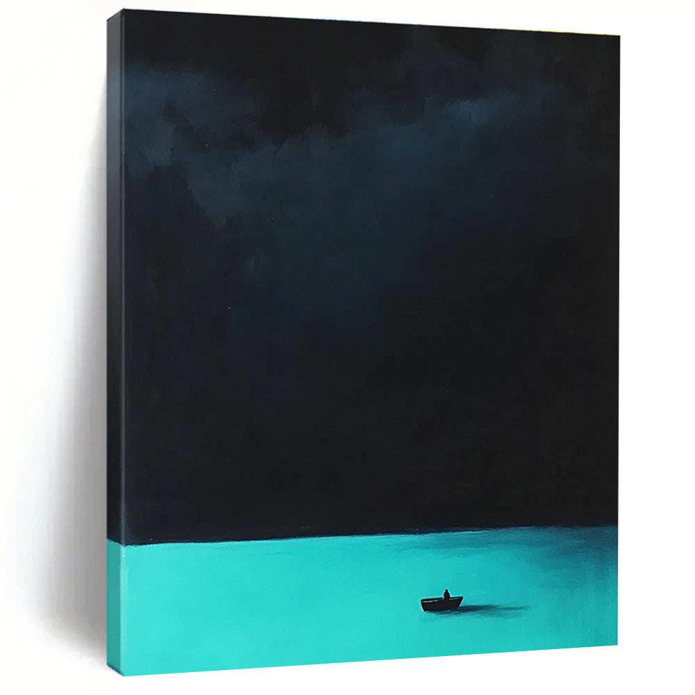 Abstract painting featuring a tranquil turquoise sea and a mysterious dark sky with blurred figures and underwater creatures creating an enchanting atmosphere.STSC1303
