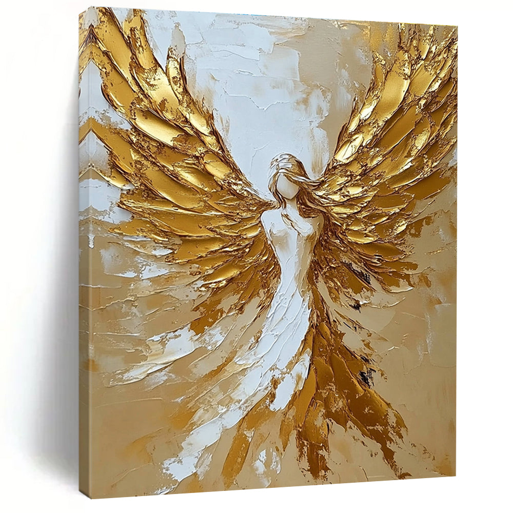 Abstract painting featuring a celestial angel with golden wings in a stunning gold and white palette knife technique.STSC008
