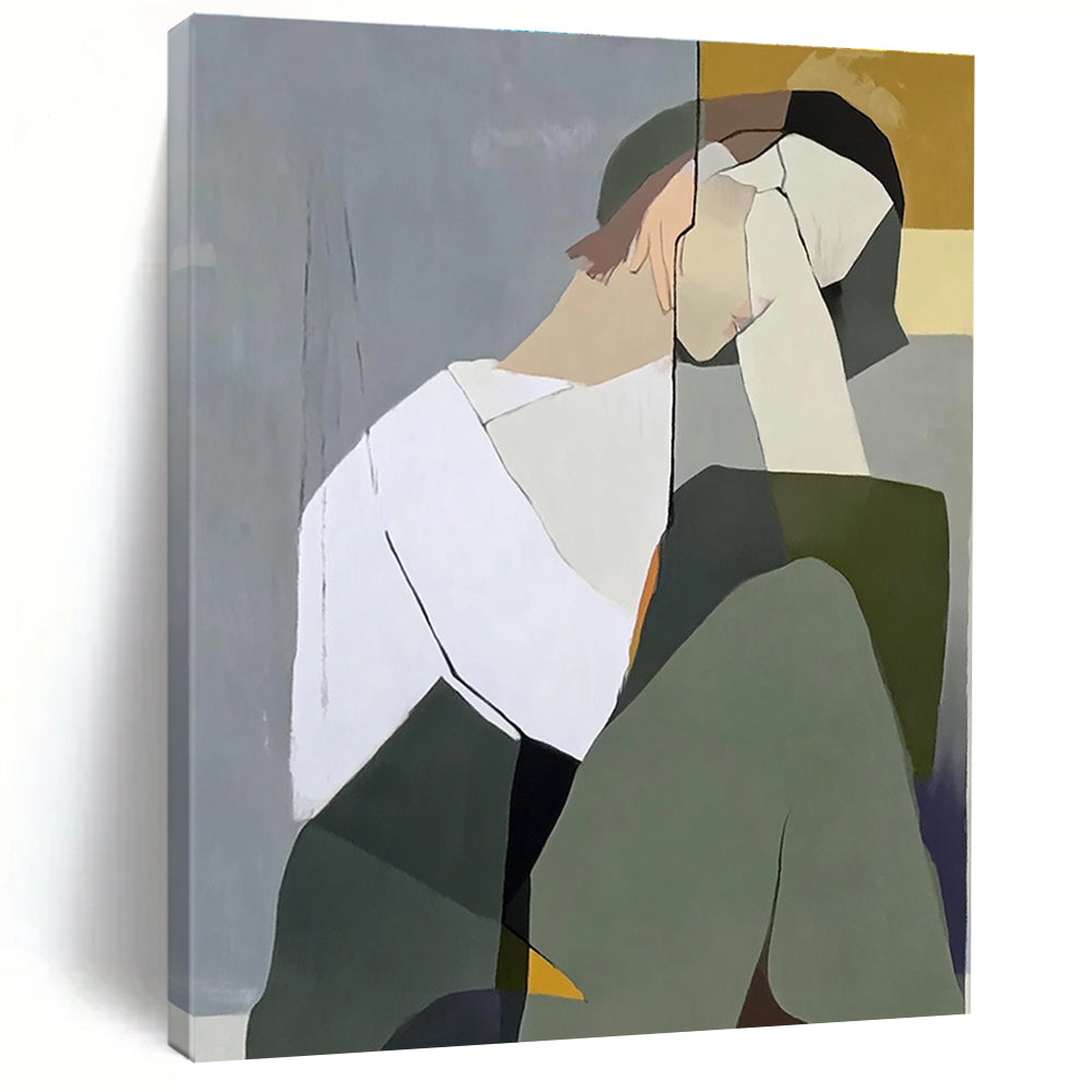 Large abstract painting of a woman with a white shirt and green jacket against a gray-blue background with light yellow accents and visible brushstrokes.STSC1114