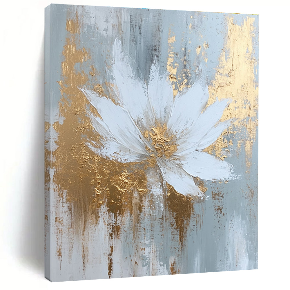 Large abstract painting featuring white and gold hues with textured brush strokes and atmospheric effects in a dreamy misty style.STSC381
