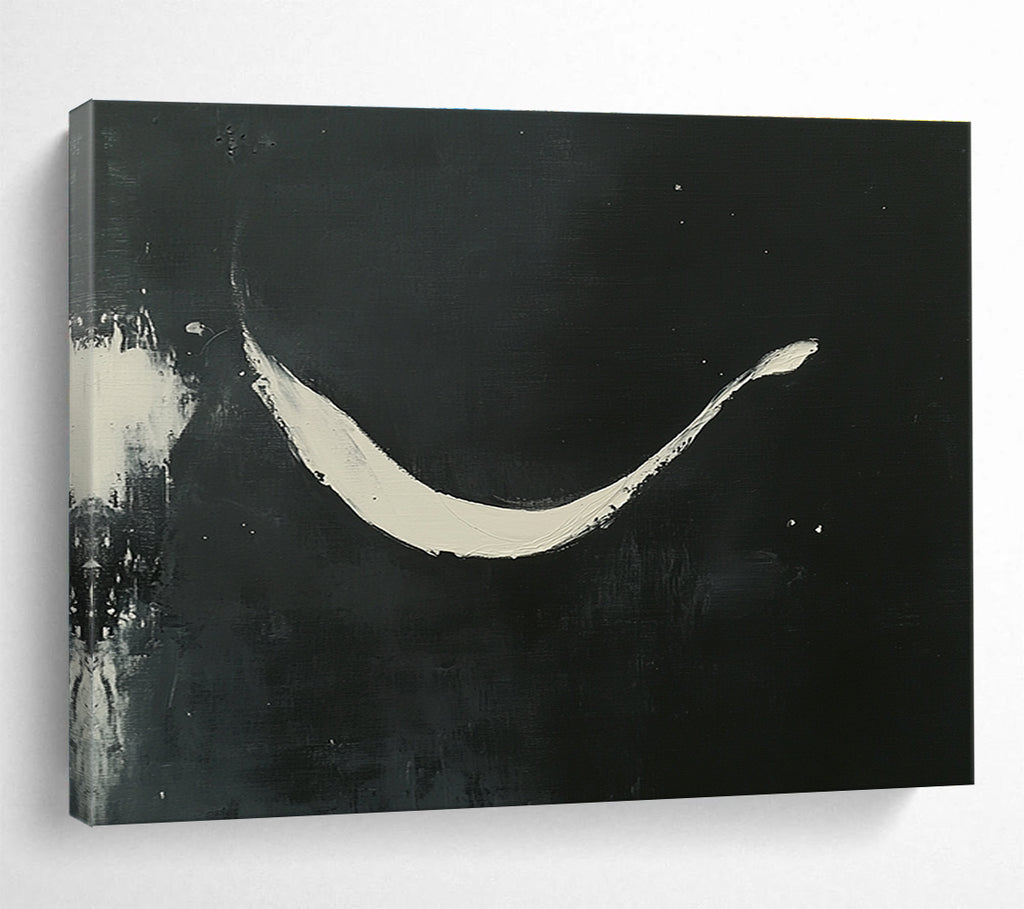 Large abstract painting featuring curved white brush strokes on a black background showcasing elegance and negative space in a minimalistic style.SC186