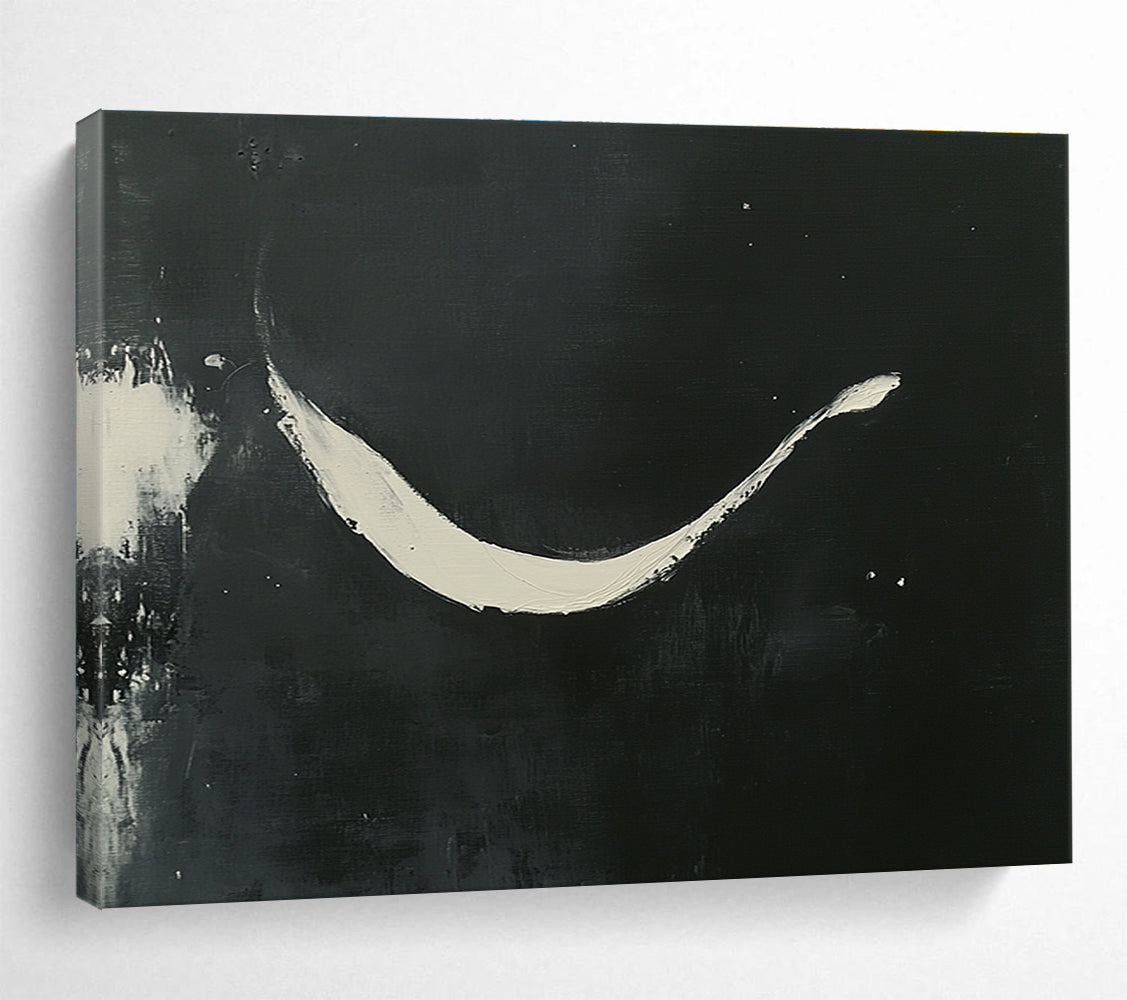 Large abstract painting featuring curved white brush strokes on a black background showcasing elegance and negative space in a minimalistic style.SC186