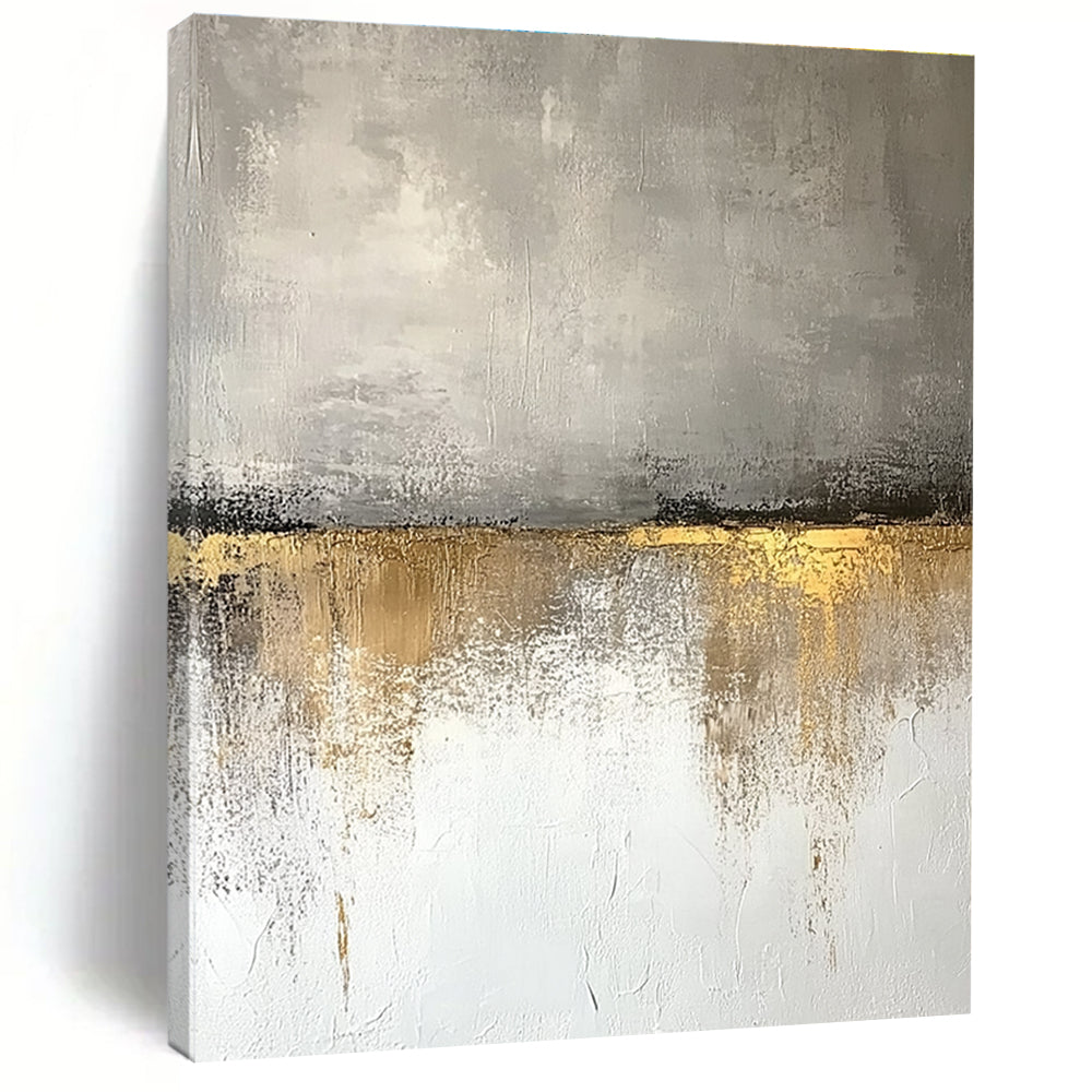 Large abstract painting featuring beige and gray tones with textured wall, golden accents, and a neutral color palette reflecting nature's beauty.STSC410