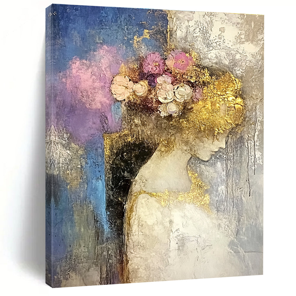 Large abstract oil painting featuring a moon with a golden circle in beige and gold tones with dripping gold leaf on a white background.STSC173