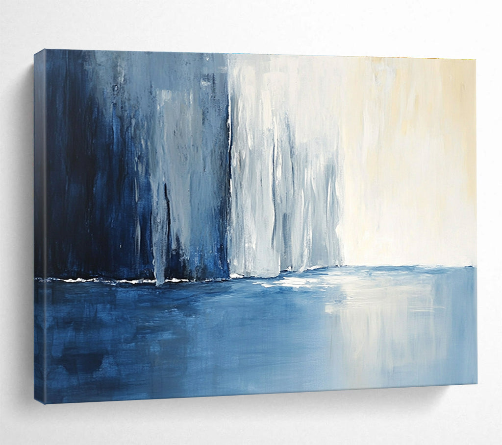 Large abstract painting of an icy blue river and snow-covered cliffs reflecting light, featuring dynamic brushstrokes and a deep gradient background.SC045