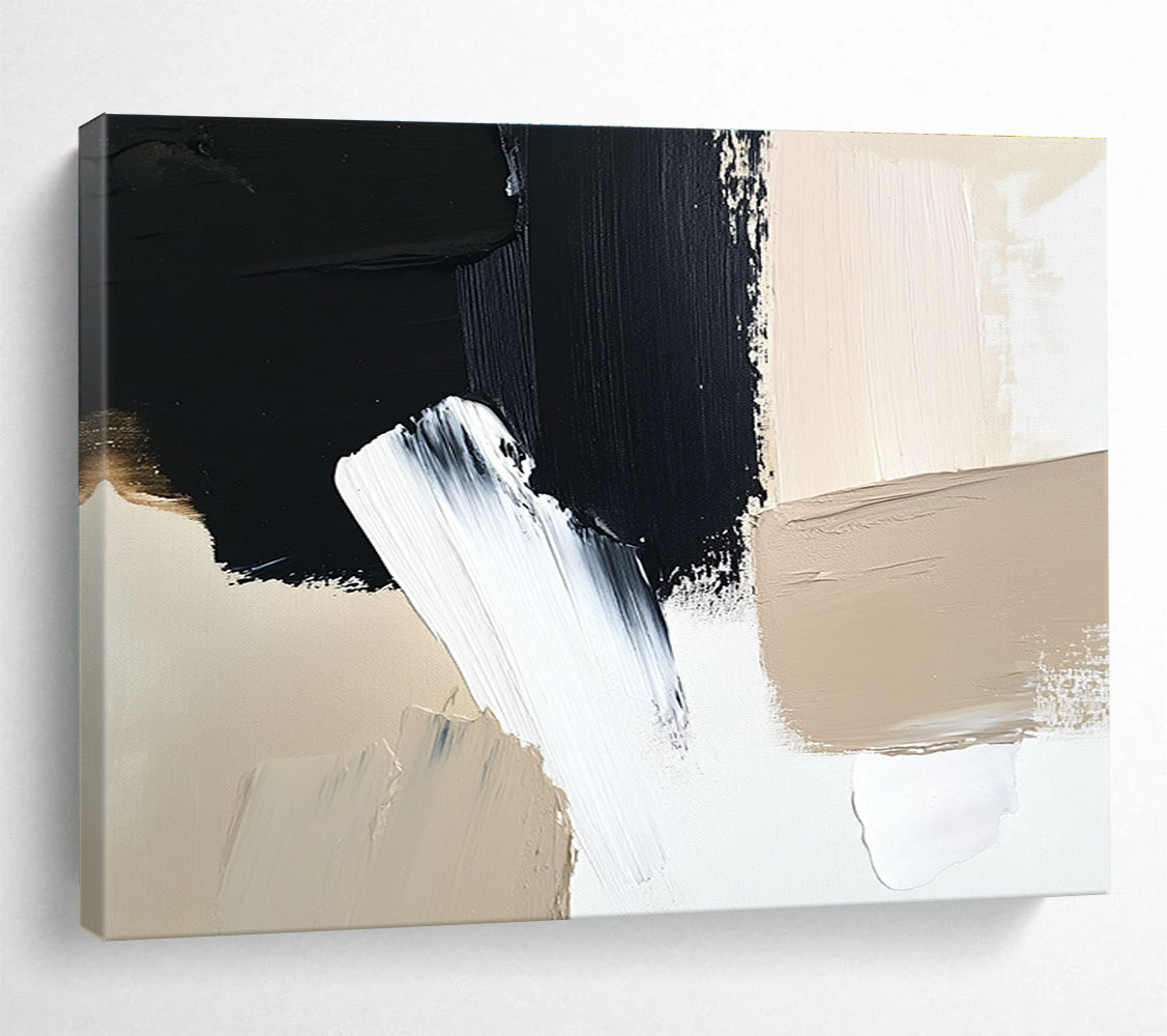 Large abstract painting featuring black brush strokes on a white background complemented by a minimalist beige and cream color palette.SC012