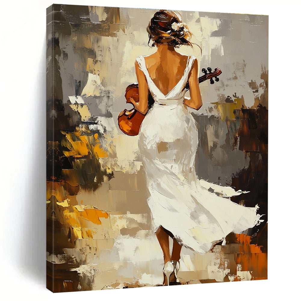 Abstract painting of an elegant woman in a flowing white dress holding a violin amidst warm impressionist scenery with visible brush strokes.STSC1379