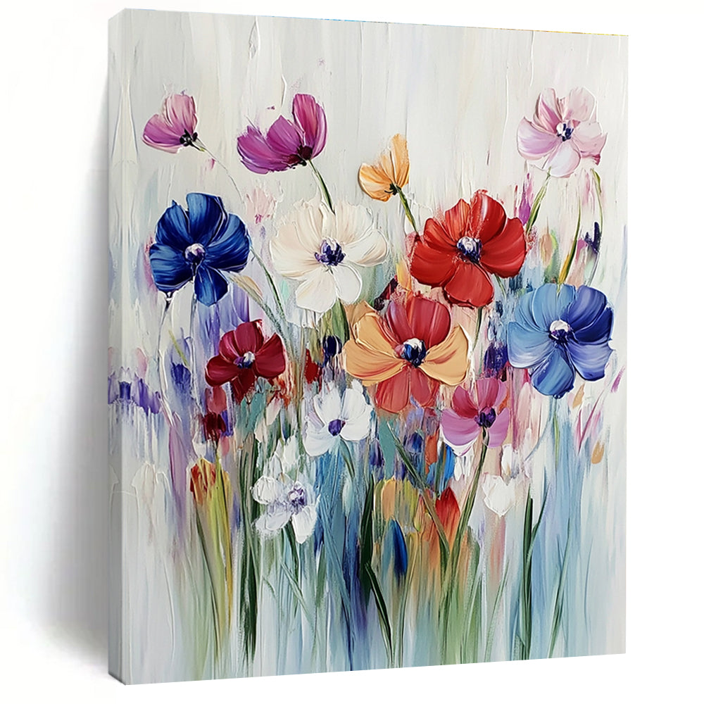 Large abstract painting of vibrant wildflowers in bold acrylic strokes against a soft white background capturing the essence of a colorful meadow.STSC993