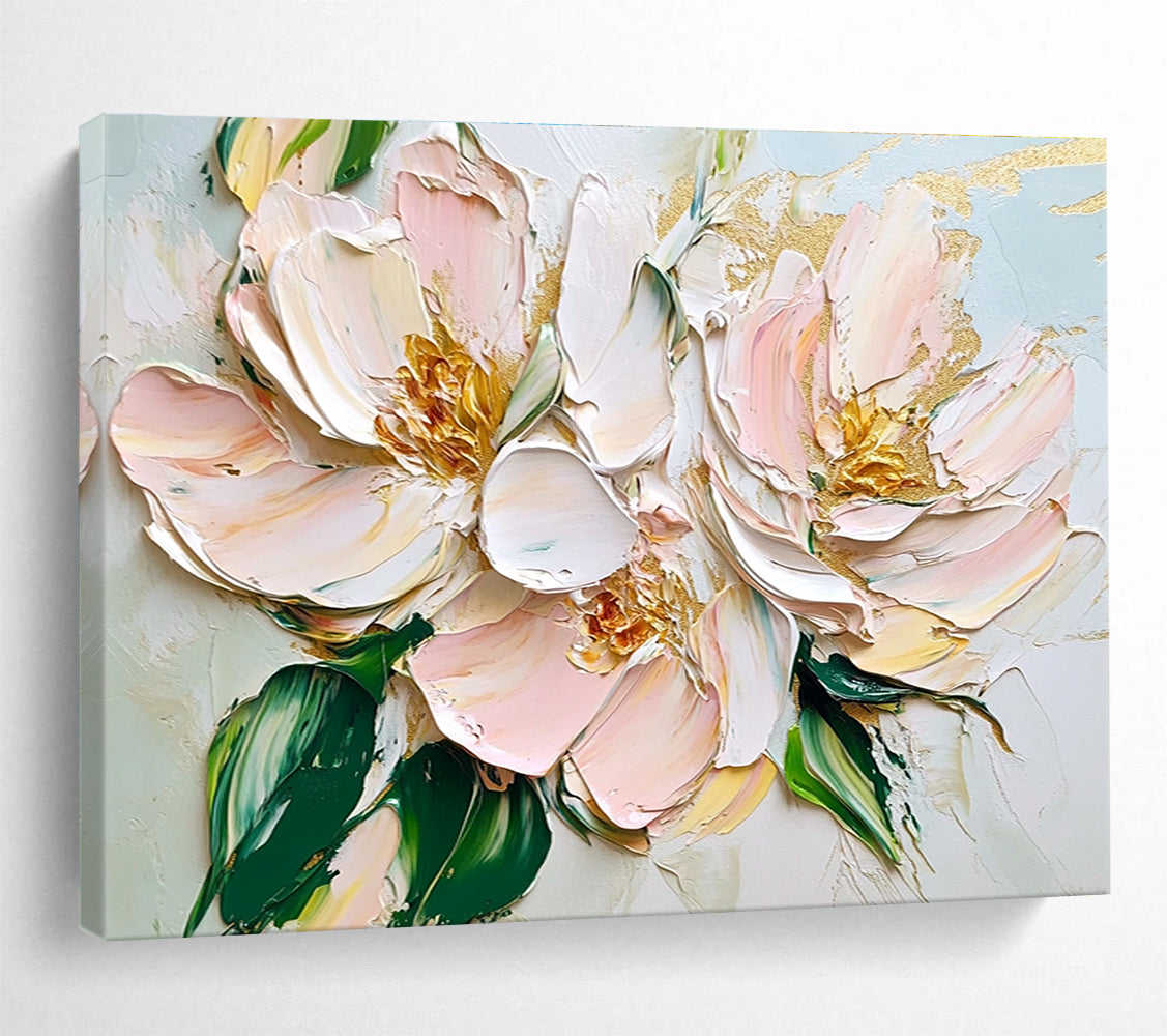 Large abstract oil painting featuring light pink and white flowers with green leaves and gold accents in a thick brushstroke palette knife style.SC123