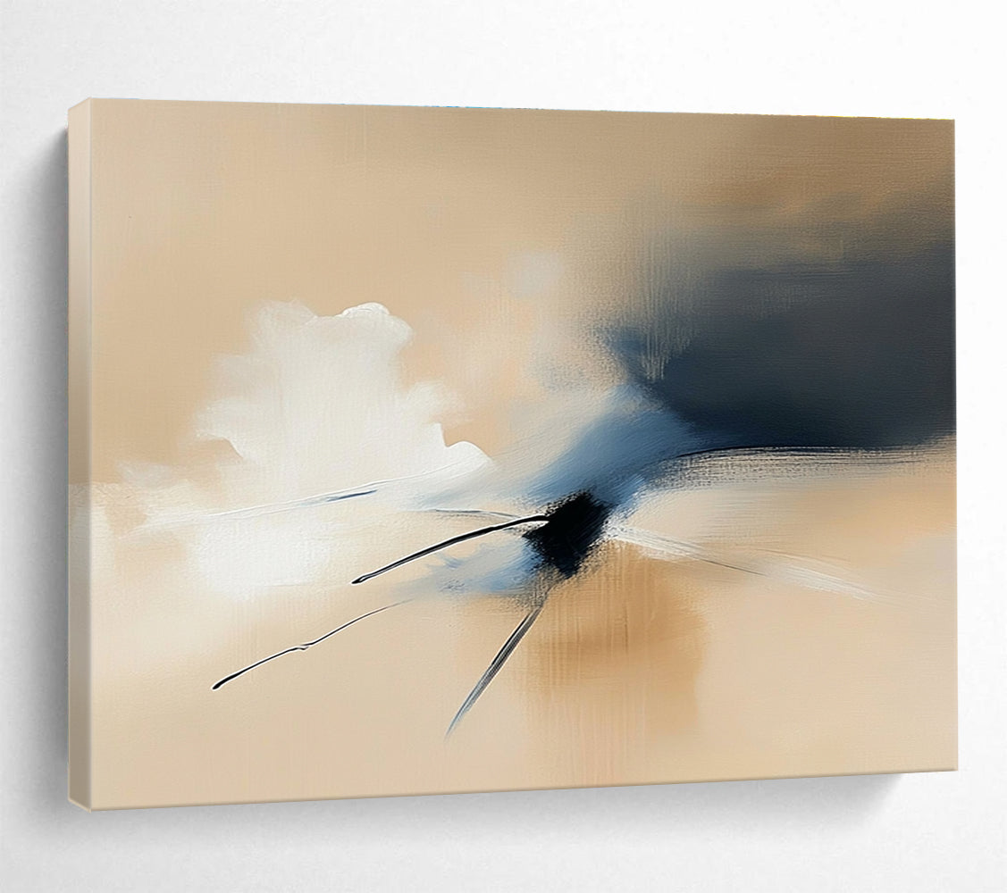 Large abstract painting featuring ethereal cloud forms in beige and blue tones with smooth brushwork and soft edges.SC178