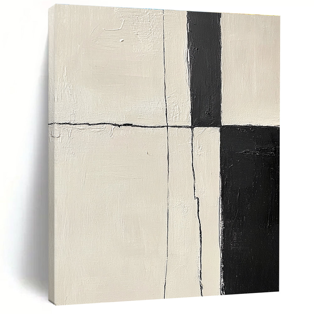 Black and White Geometric Abstract Painting with Cracked Edges GER178