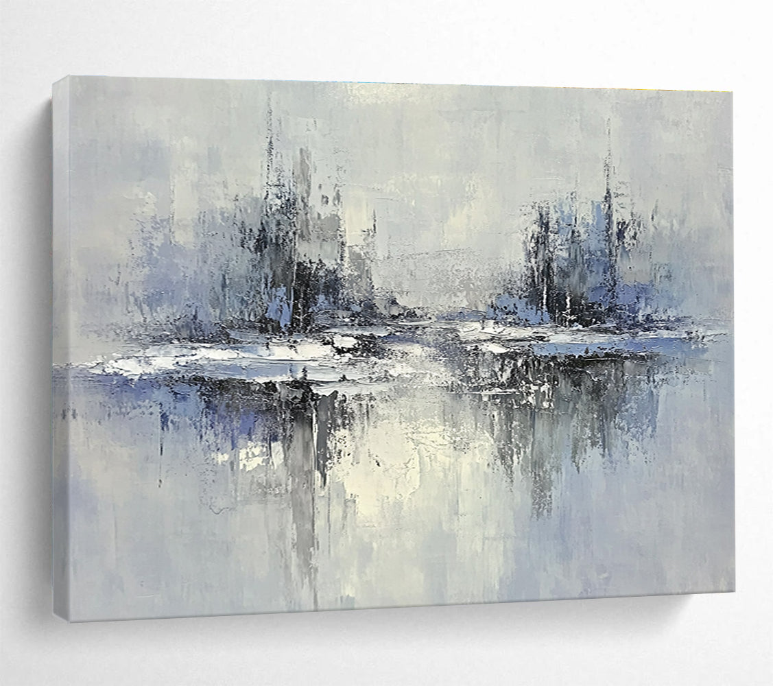 Blue and Gray Cityscape Reflection Abstract Painting with Subtle Textures DYP334