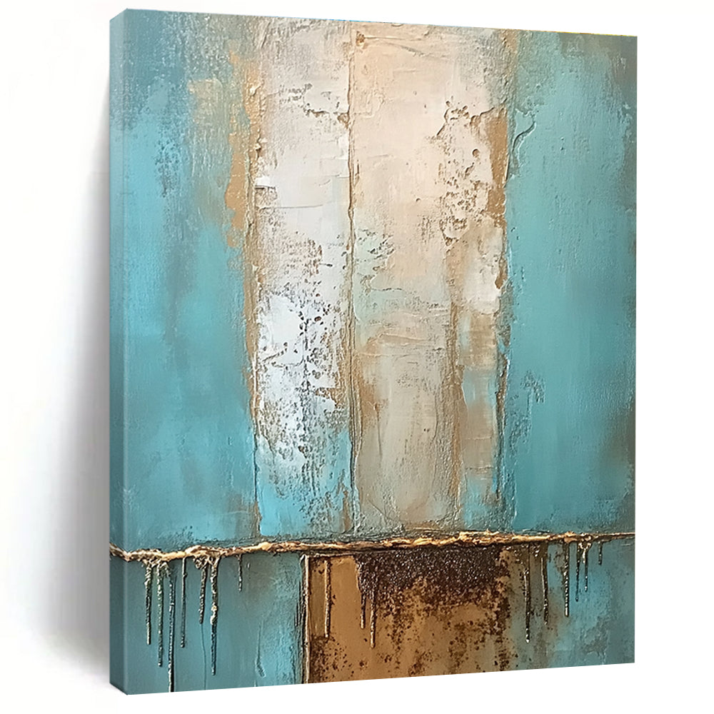 Large abstract oil painting with muted teal and beige hues accented by gold featuring a textured surface and a rusted metal element.STSC602
