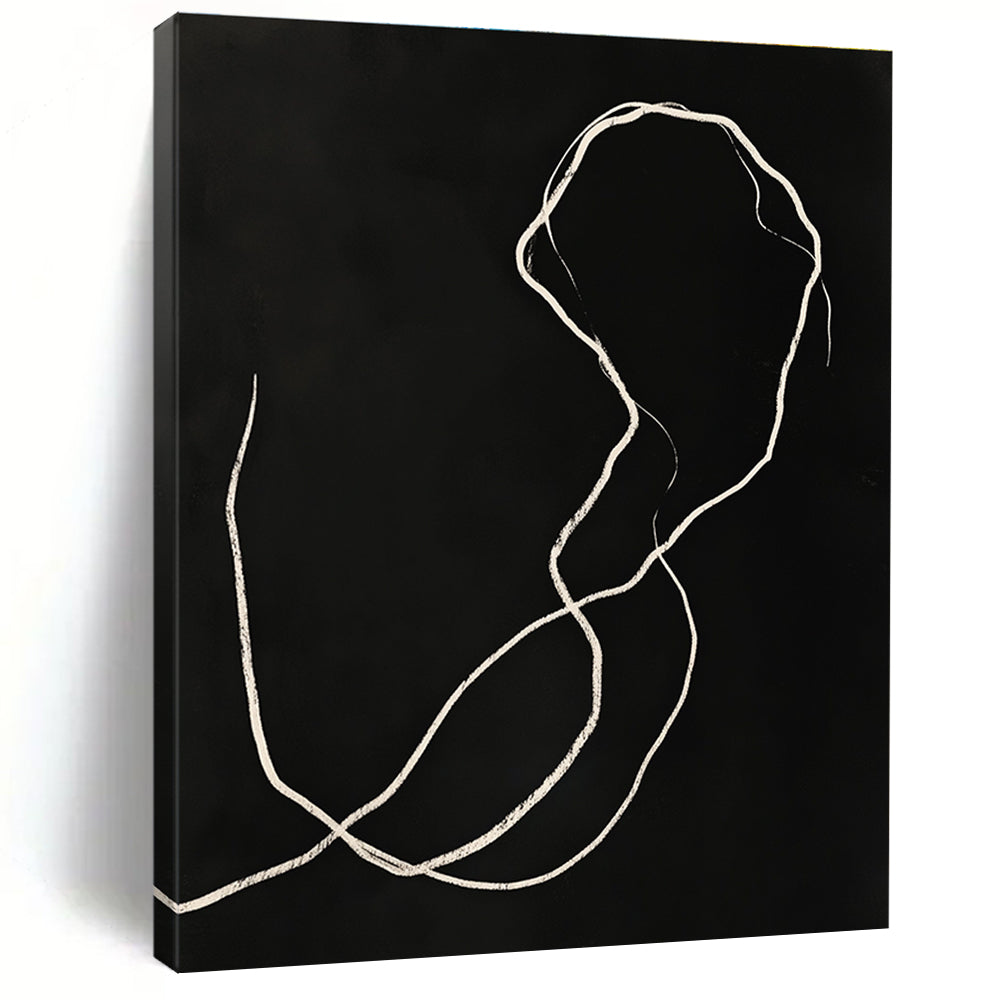 A large abstract drawing featuring white lines on a black background with elegant curves and delicate ink washes inspired by dark art style.STSC1189