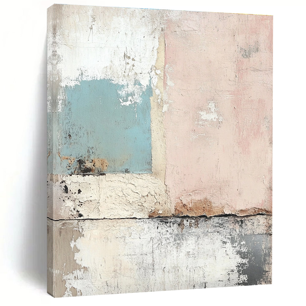 Large abstract painting featuring a weathered wall in soft pastels with a nostalgic texture reminiscent of vintage wallpaper.STSC657