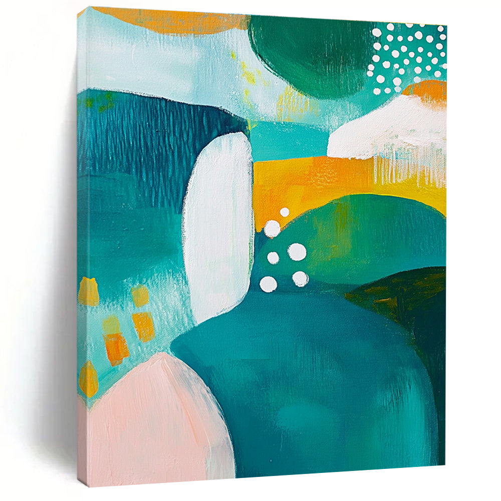 Colorful Abstract Painting with Teal, Green, and Yellow Shapes GER266