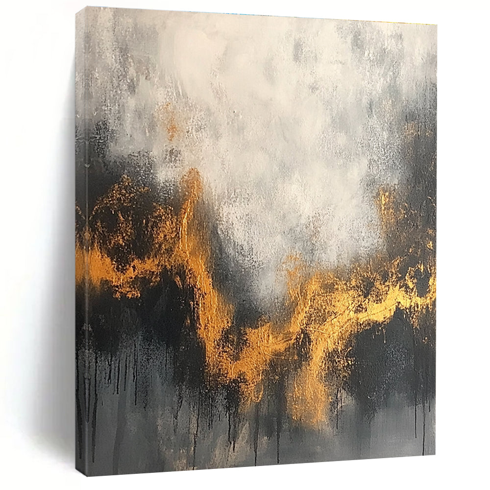 Large abstract painting with a gray and white background accentuated by gold tones and dark colors for an atmospheric effect.STSC394