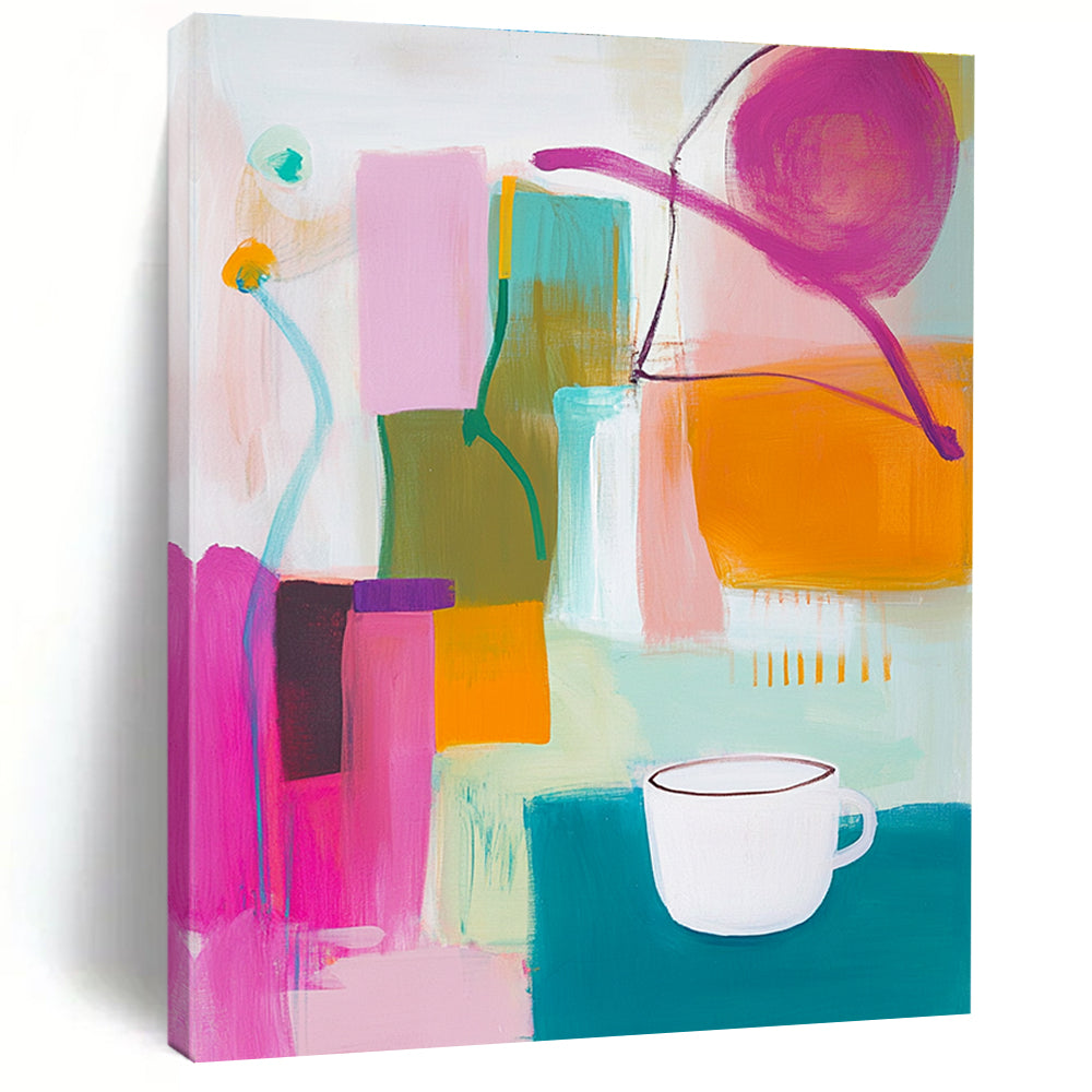 An abstract painting features vibrant pink green and yellow shapes with an orange object and a white cup on top alongside blue and purple lines.STSC787