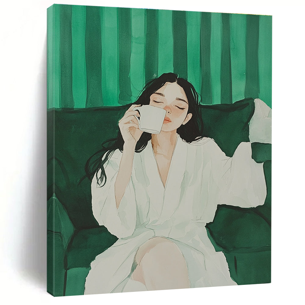 A large abstract painting featuring a girl in a white robe enjoying coffee on a sofa against a green striped background with minimalist design.STSC1002