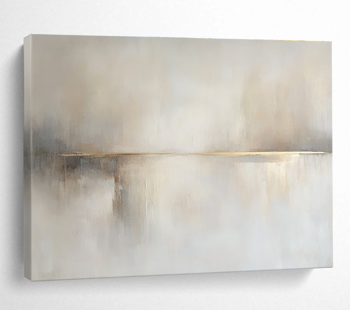Large abstract painting in beige and white hues featuring soft tones, subtle brushstrokes, and a tranquil sea with a small boat.SC136
