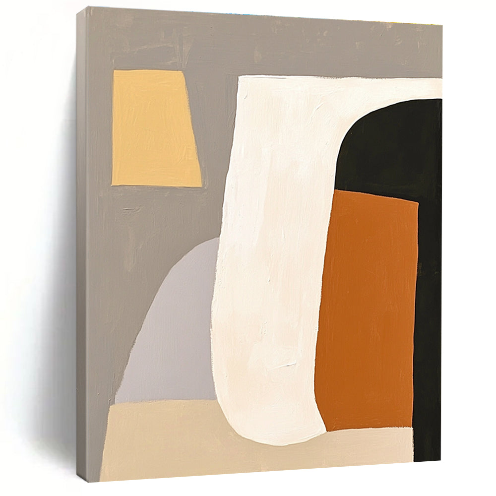 Large abstract painting featuring white shapes with an orange and black form against a grey background embodying minimalism and elegance.STSC628