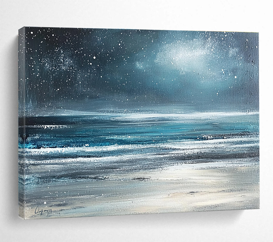 Starry Sea Beach Abstract Painting with Dark Blue and Silver Tones DYP570