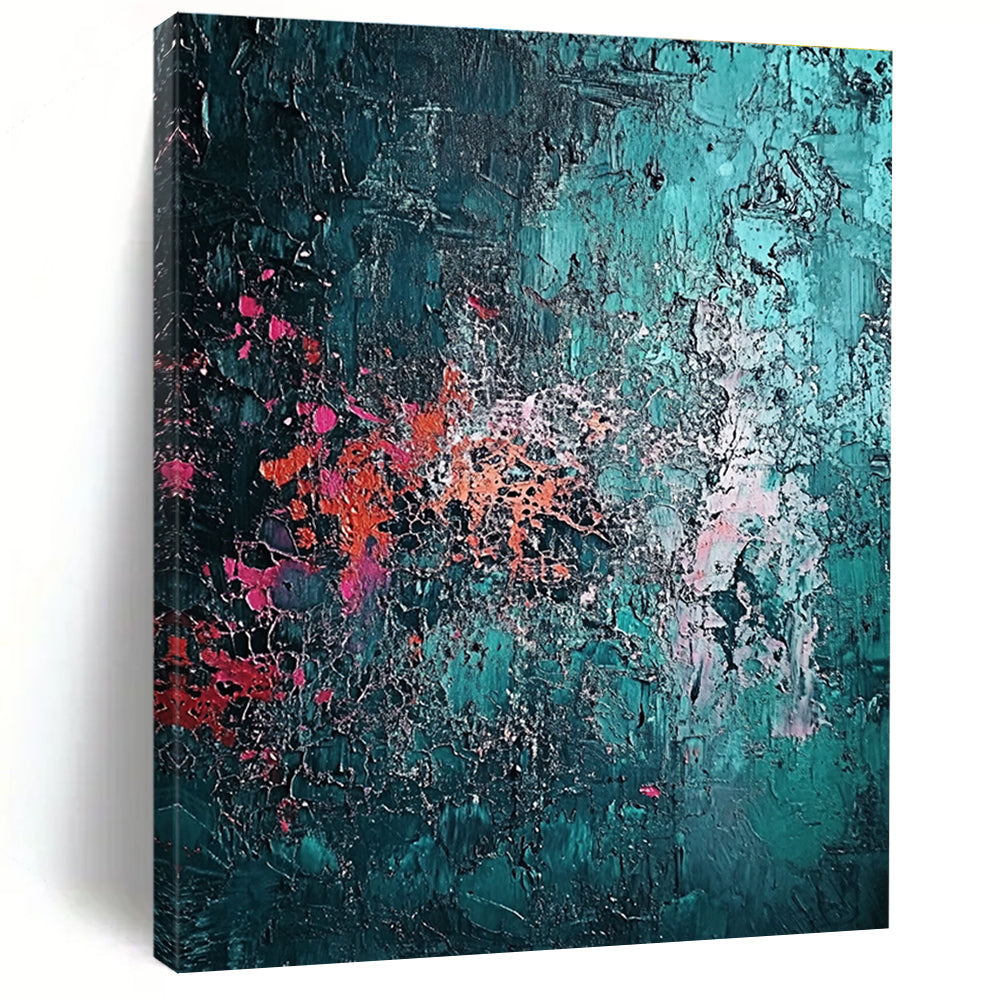 Teal Pink and Orange Textured Abstract Painting with Crackle Effects GER642
