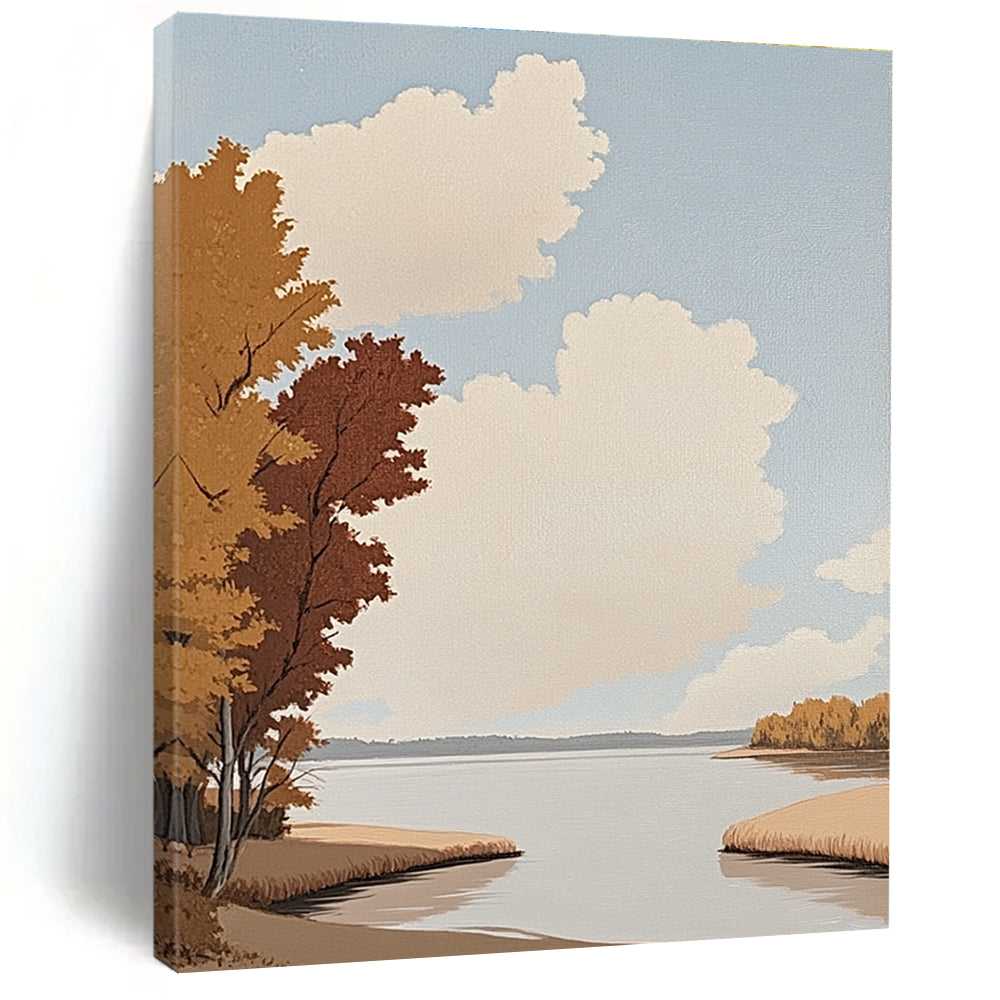 Abstract painting of a riverbank with trees autumn red leaves and a vast lake minimalistic oil style flat illustrations.STSC1020