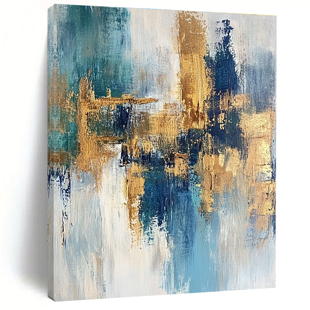 Blue and Gold Abstract Painting with Dynamic Strokes GER474