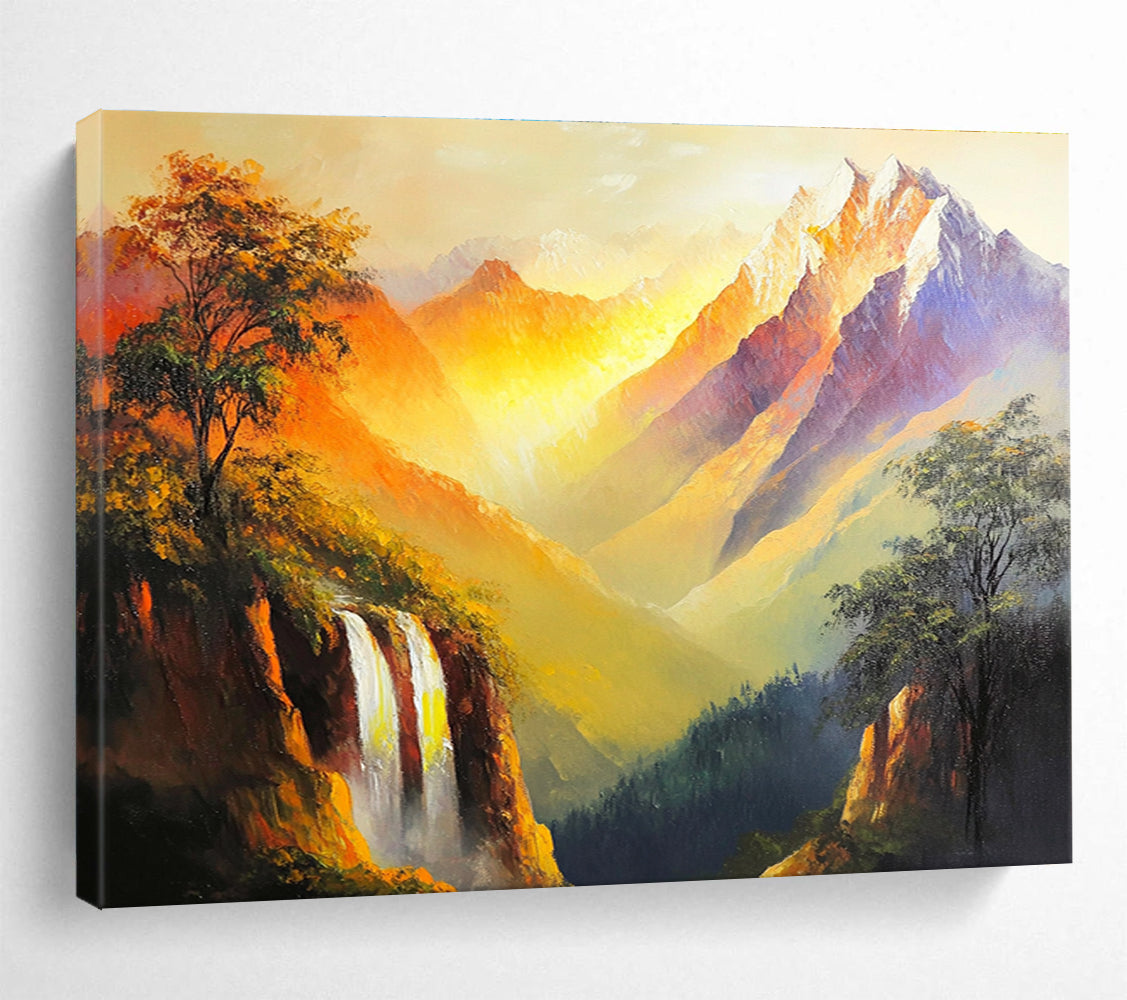 A large abstract painting depicting golden peaks and mountains with bright colors and strong brushstrokes capturing nature's grandeur and serenity.SC579