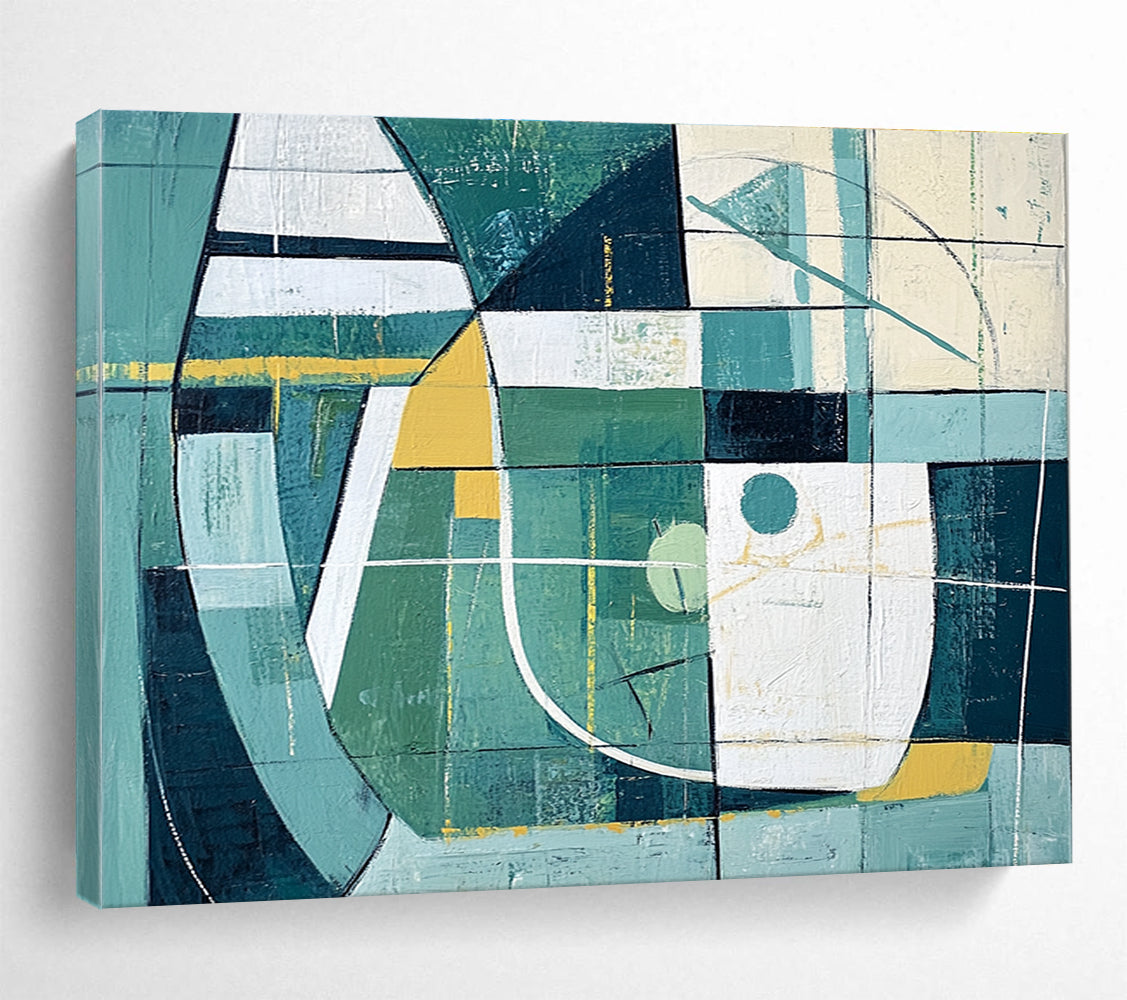 Large abstract painting featuring simple green and white shapes with yellow accents inspired by sports fields and goal lines.SC252