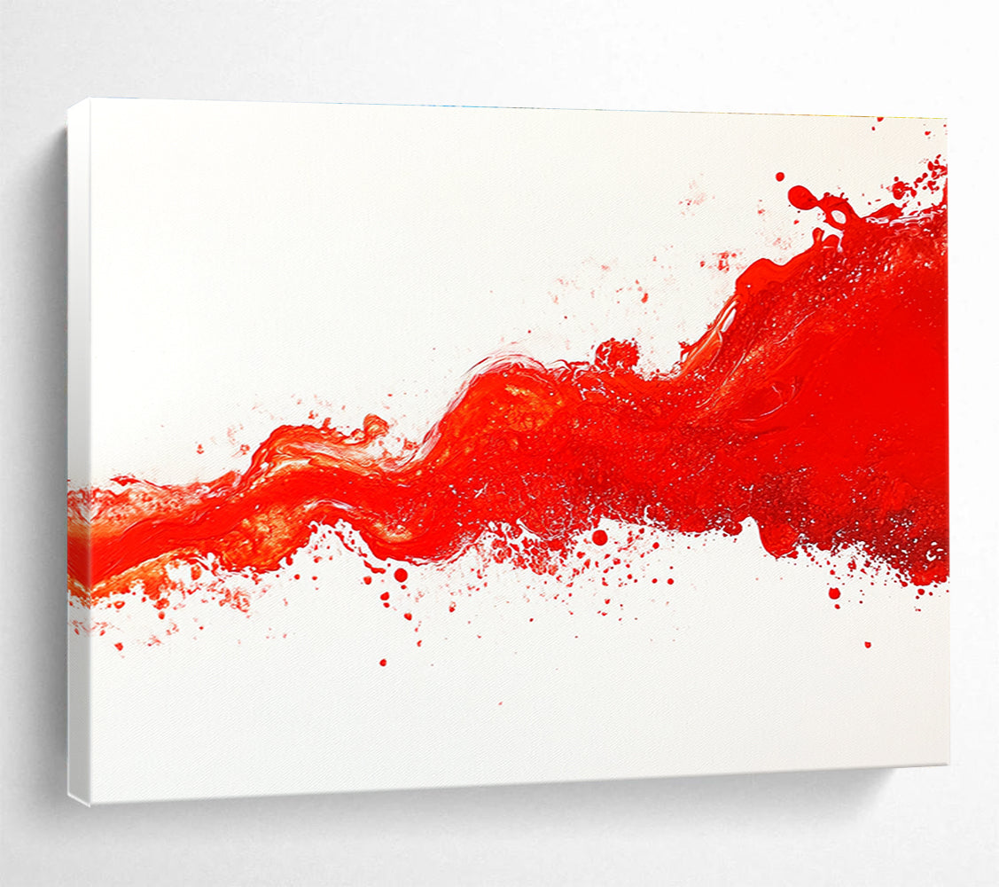 Large abstract painting featuring a vibrant crimson wave flowing across a white canvas with dynamic splashes capturing fluidity and energy.SC039