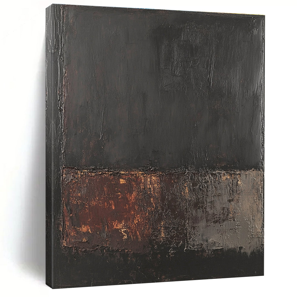 Large abstract painting in dark gray and brown inspired by Rothko with textured oil paint on a black background created using a palette knife.STSC621