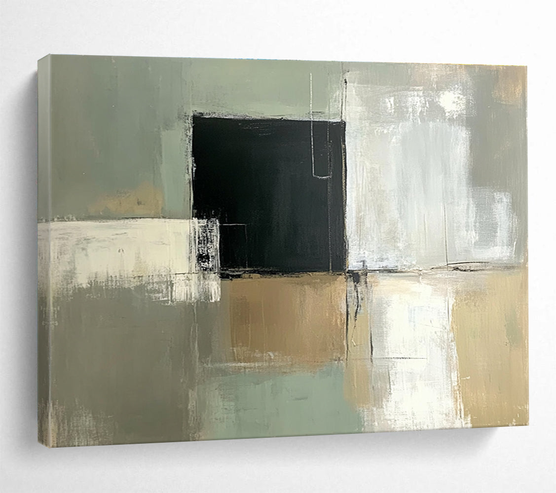 Large abstract painting featuring a pale green and white color scheme with a central black square and simple lines on a grey background.SC210