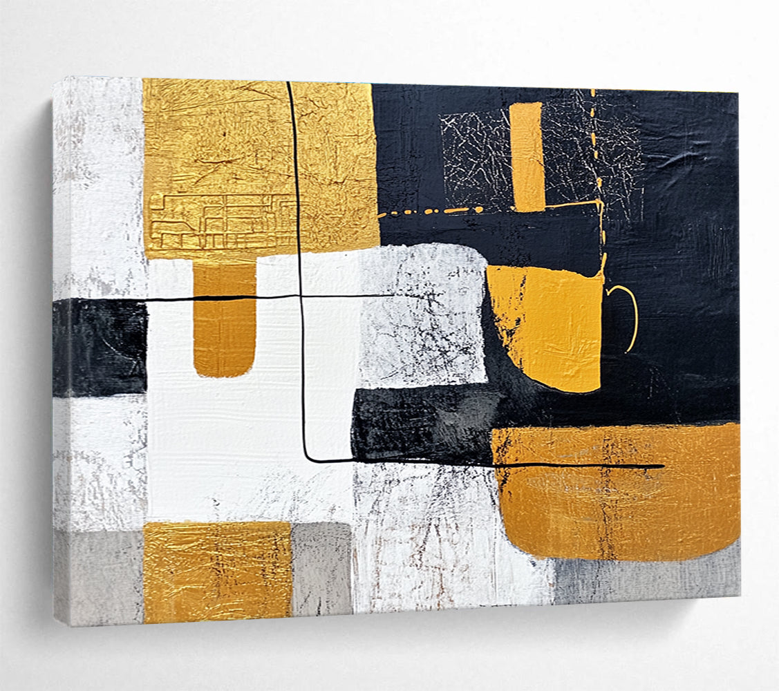 Large abstract painting featuring white and yellow shapes with black lines on a dark gray background inspired by Chinese landscapes and embellished with gold leaf.SC266