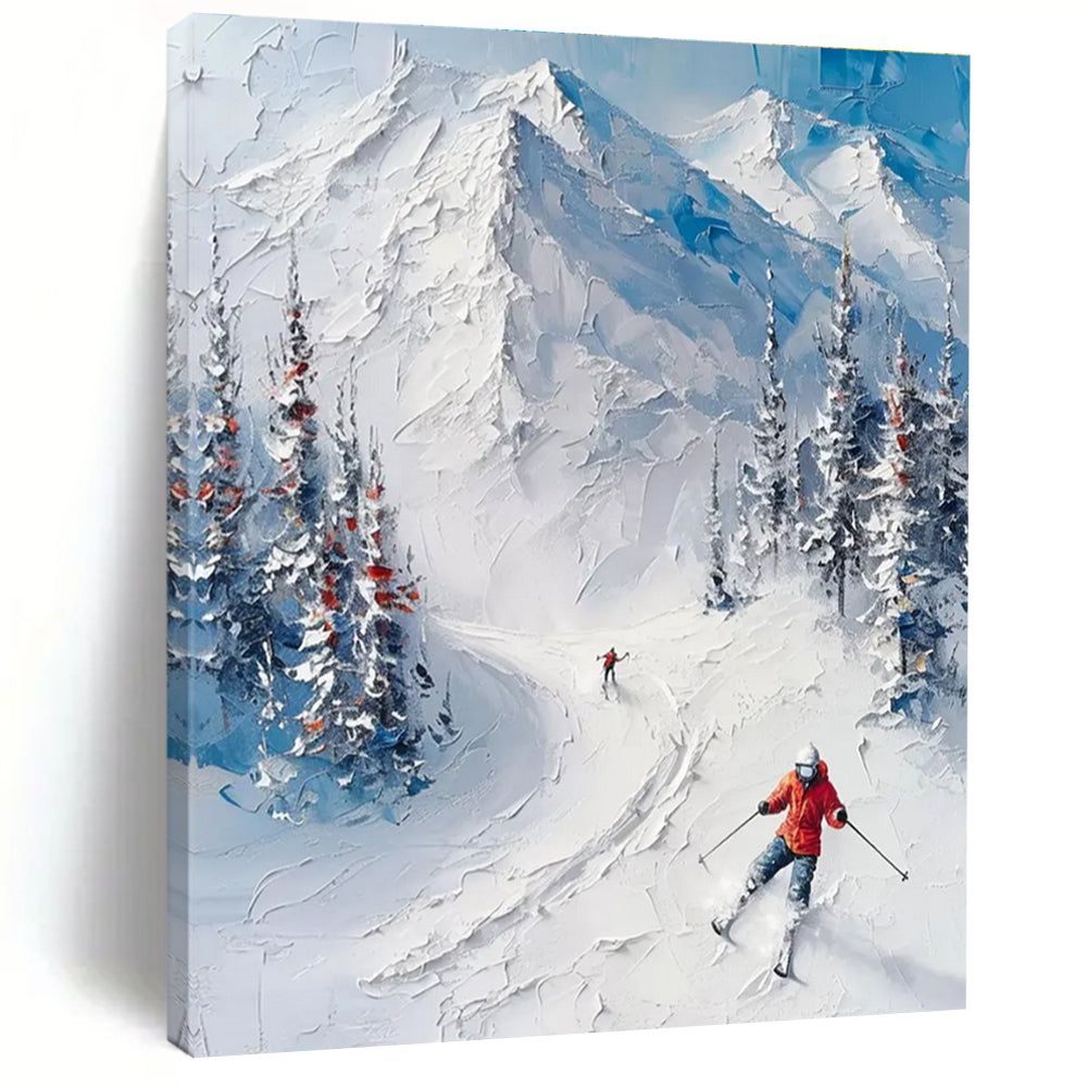 Textured Snow Mountain Ski Scene Abstract Painting with Blue and White ADGE313